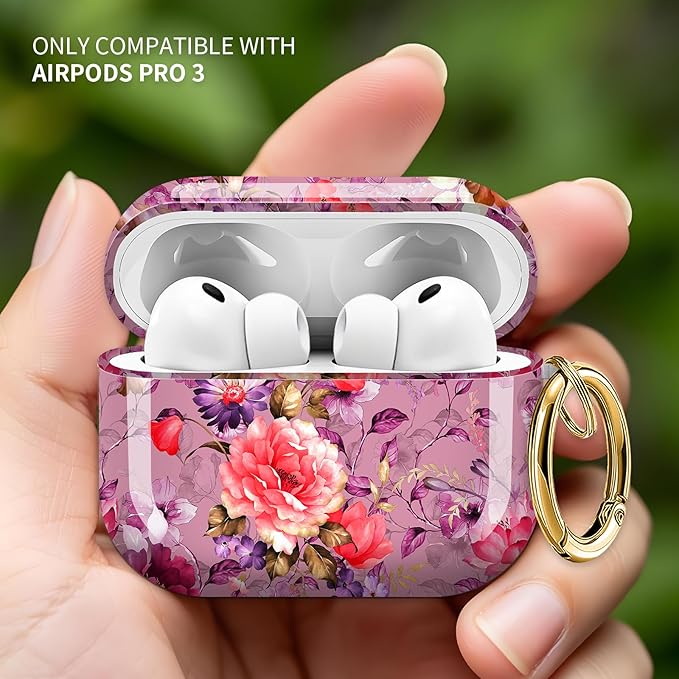 Cute Hard Case Compatible with AirPods Pro 3rd Generation Case (2025), Shockproof Protective Cover with Golden Keychain Ring Clip (Pink Flower)