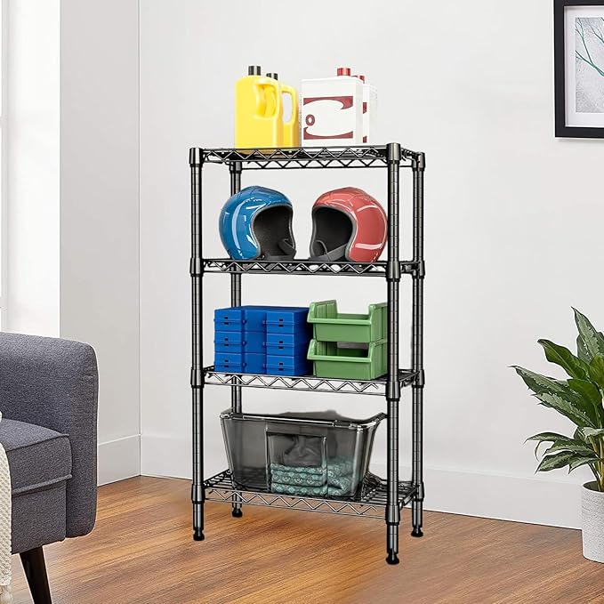Heavy Duty Stainless Steel Kitchen Storage Rack, Adjustable Shelf Organizer with Non-Slip Mats, Black, for Cabinets, Countertops, Pantries (4-Tier Rack)