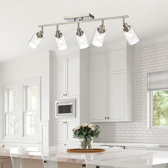5-Light Brushed Nickel Kitchen Track Lighting Fixtures Ceiling Mount Track Lighting Kit with Bubble Seeded Glass Shade Modern Bathroom Tracking Vanity Lights Ceiling Tracking Accent Shop Light
