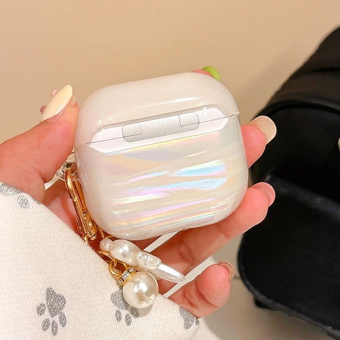 for Airpod 4 Case Cute Luxury Glitter Pearl Shell Protective Cover with Bowknot Keychain Compatible with AirPods 4th Generation Case 2024 for Girls Women (Bow Colorful)
