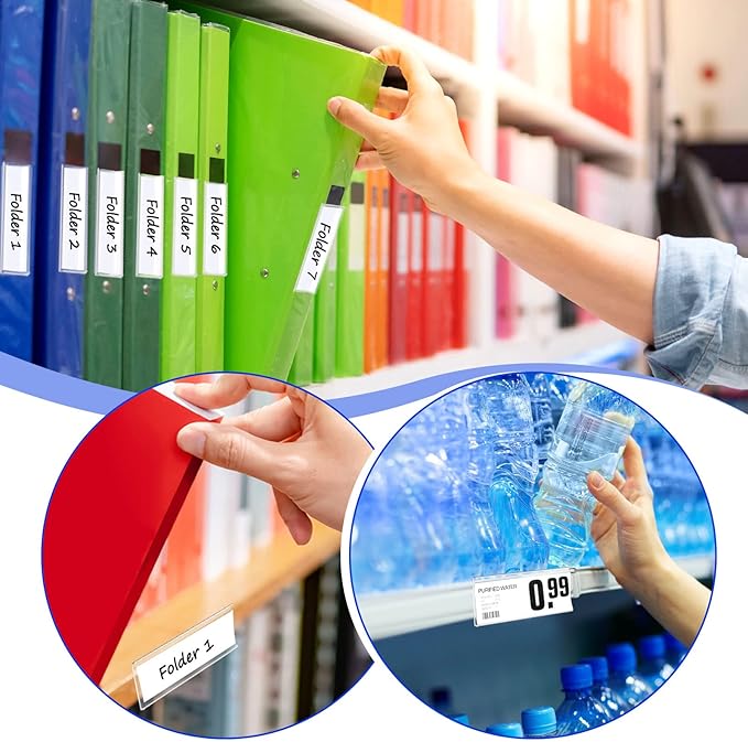 Yexiya 150 Pieces 3 x 1 Inch Self Adhesive Label Holders with Paper Label Inserts Clear Shelf Tag Label Holders Plastic Price Tag Holder for Supermarket Library Bookshelves Mailbox Storage Bins