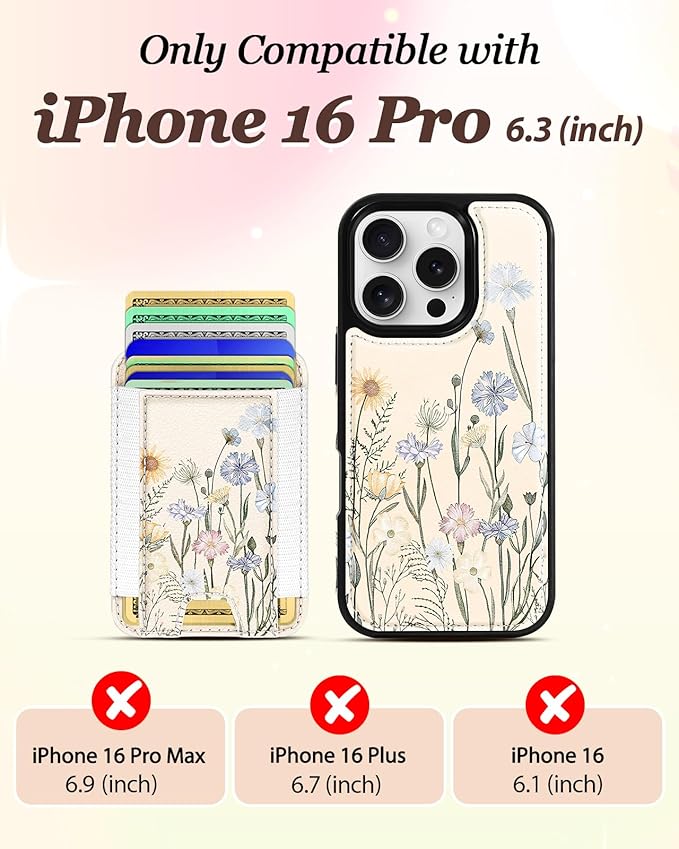 Shorogyt for iPhone 16 Pro Case Wallet - Fits 5 Cards, Compatible with Magsafe Detachable Magnetic Credit Card Holder Leather Cardholder Cute Phone Cover Women Girls for Apple 16Pro, Color Flower