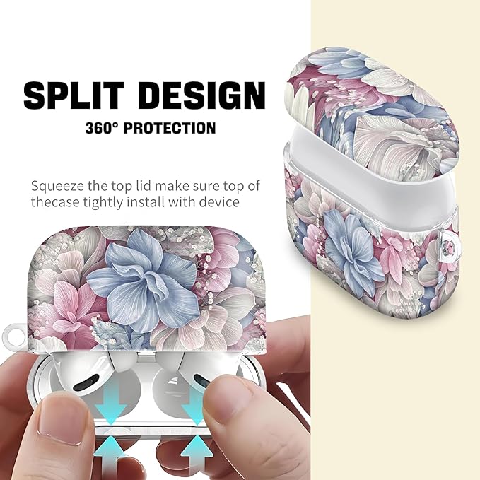 Compatible with AirPod Pro 2nd//1st Generation Case Cover with Key Chain,Full Protective Shockproof Wireless Headphone Case for Airpod Pro 2023/2022/2019（Beautiful Flowers）