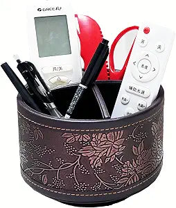 PU Leather Round TV Remote Control Holder for Table,360° Swivel Office Supply Desktop Organizer,4 Compartments Phone/Pen/Pencil Holder,Suitable for Stationery/Heater Controllers Etc (Antique)