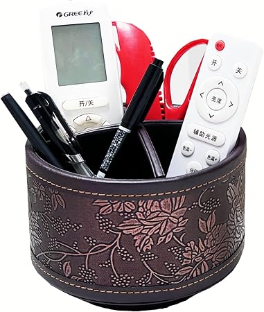 PU Leather Round TV Remote Control Holder for Table,360° Swivel Office Supply Desktop Organizer,4 Compartments Phone/Pen/Pencil Holder,Suitable for Stationery/Heater Controllers Etc (Antique)