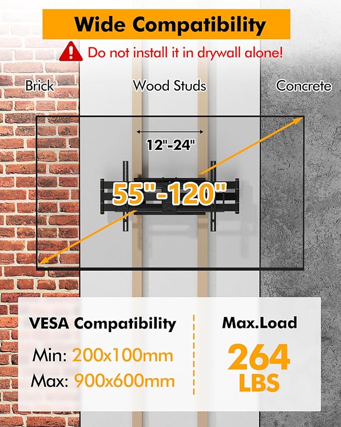 FORGING MOUNT Heavy Duty XXL Long Arm TV Wall Mount for 55-120 inch Extra Large TVs, Holds 264 lbs, Full Motion TV Mount with 42" Dual Articulating Arms Swivel,Tilt,12-24” Studs, Max VESA 900x600