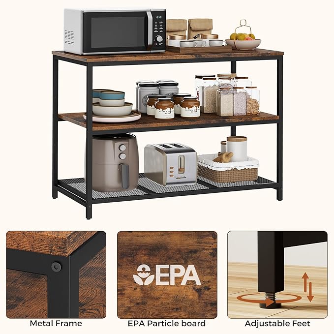 39.4" L Kitchen Island with 3 Shelves, Kitchen Shelf with Large Workstation, Bakers Rack, Workbench, Metal Frame, Rustic Brown and Black