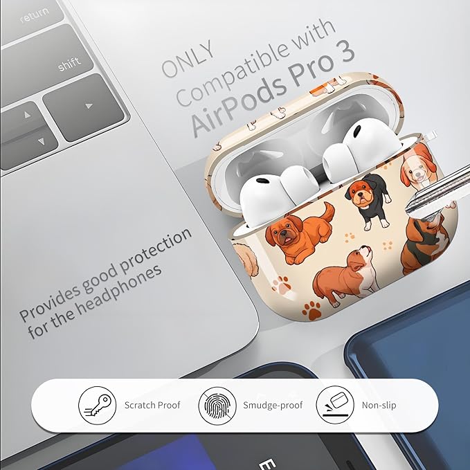 AirPod Pro 3 (2025) Case Cover for Women, Cute Shockproof TPU Protective Case with Gold Round Buckle, Anti-Drop Design Cute Doodle Dog Print Animal