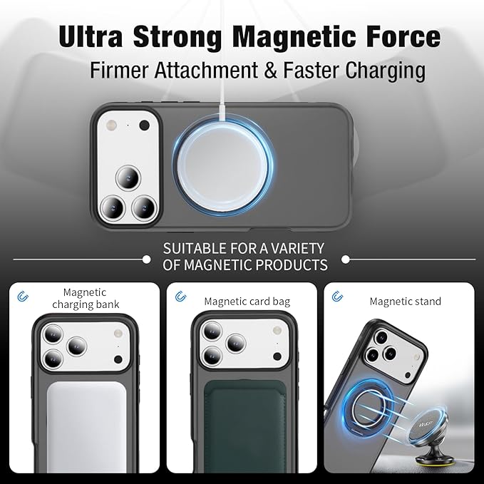 for iPhone 17 Pro Max Case [Compatible with Magsafe] [15 FT Military Grade Drop Protection] with Screen Protector & Lens Protector,Shockproof Kickstand Phone Case for iPhone 17 Pro Max (Black)