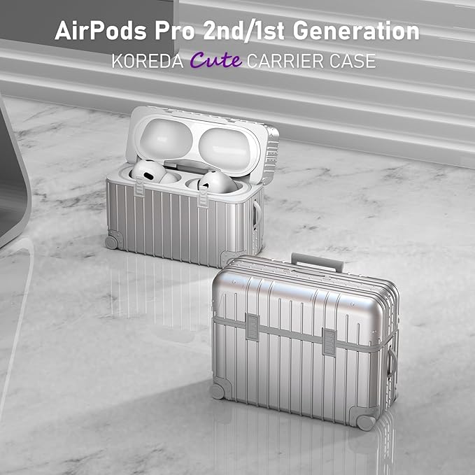 KOREDA Compatible with AirPods Pro 2nd/1st Generation Case Cover, Cute Funny Suitcase Design Case for Airpods Pro 2nd/1st Gen, Fashion Protective Hard Case for Women Men with Keychain (Silver)