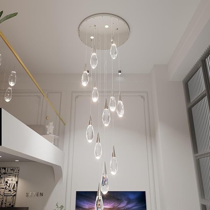 H118 Chandeliers for High Ceiling Chrome Modern Crystal Pendant Light 12-Lights Crystal Raindrop Chandelier for Living Room Staircase Villa