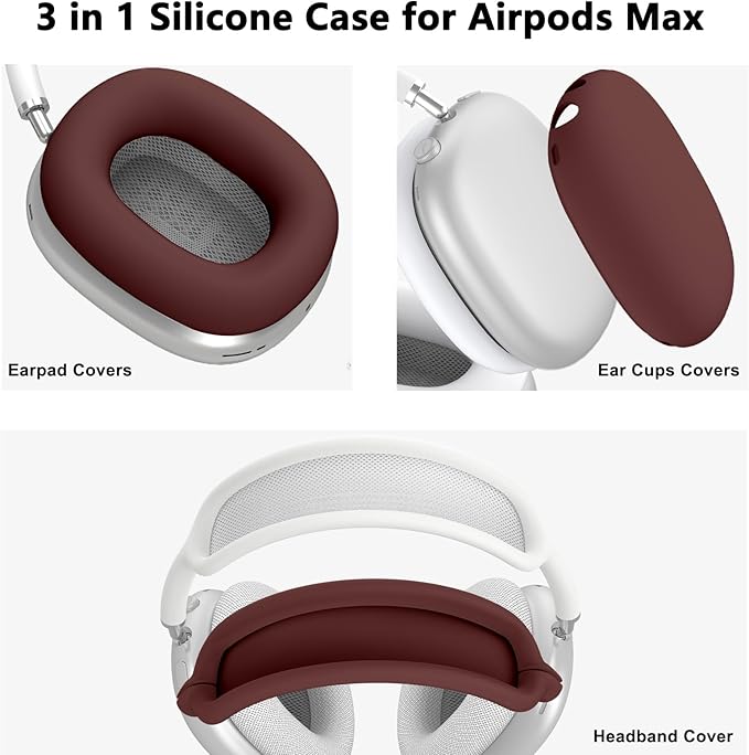 Silicone Case Cover for AirPods Max, Ear Pad Case Cover/Ear Cups Cover/Headband Cover for AirPods Max Headphones, Accessories Soft Silicone Protector for Apple AirPods Max New USB-C (2024) (Wine Red)
