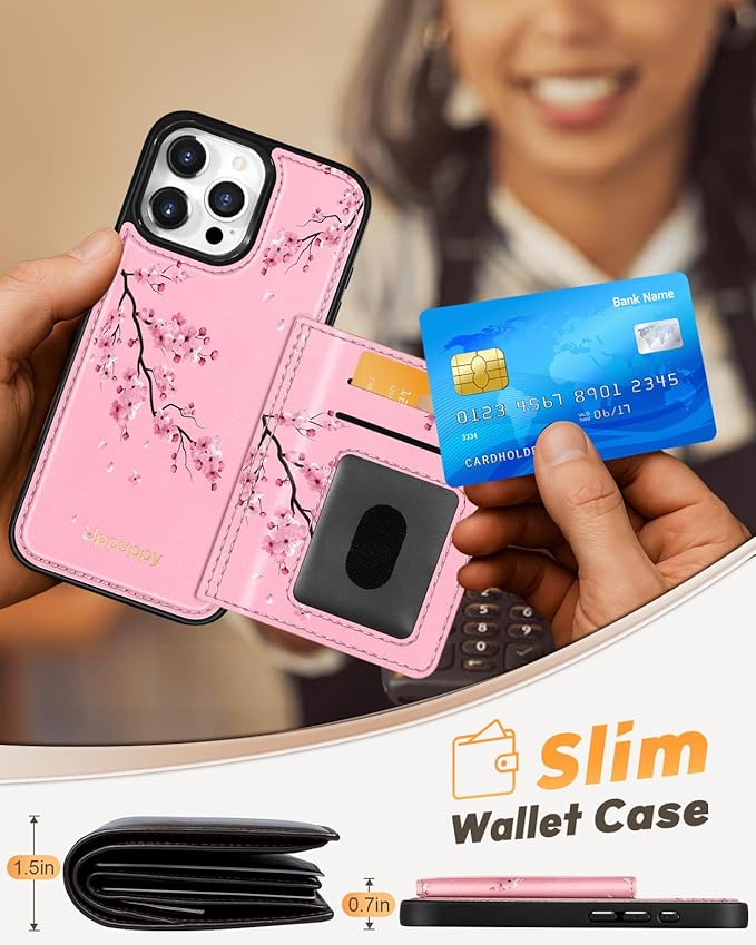 for iPhone 16 Pro Max Case with Wallet - Fits 4 Card Slots, Compatible with MagSafe for Women Aesthetic PU Leather Credit Card Holder Kickstand Phone Cover for Apple 16 Promax, Peach Blossom