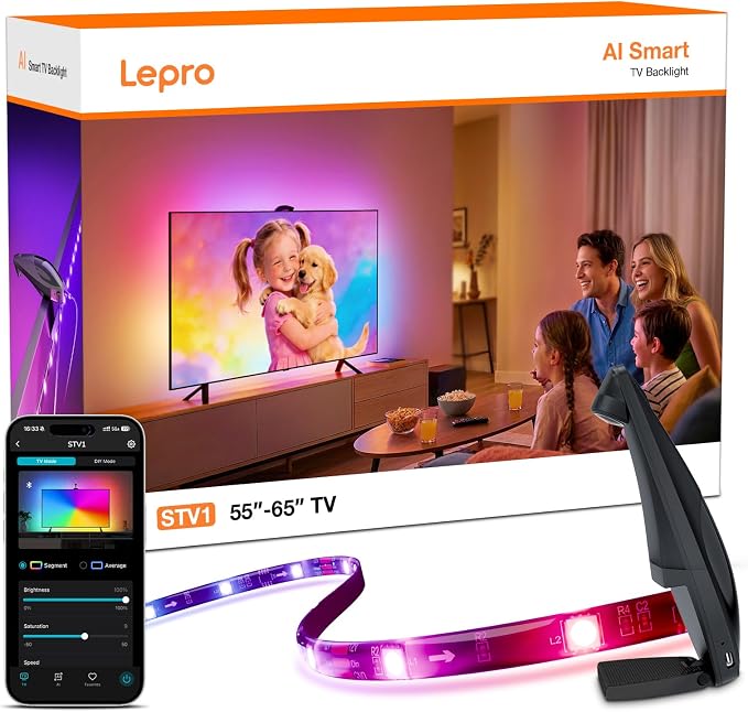 Lepro STV1 TV Backlight Camera LED Lights 11.8FT for 55-65 Inch TVs AI Tech