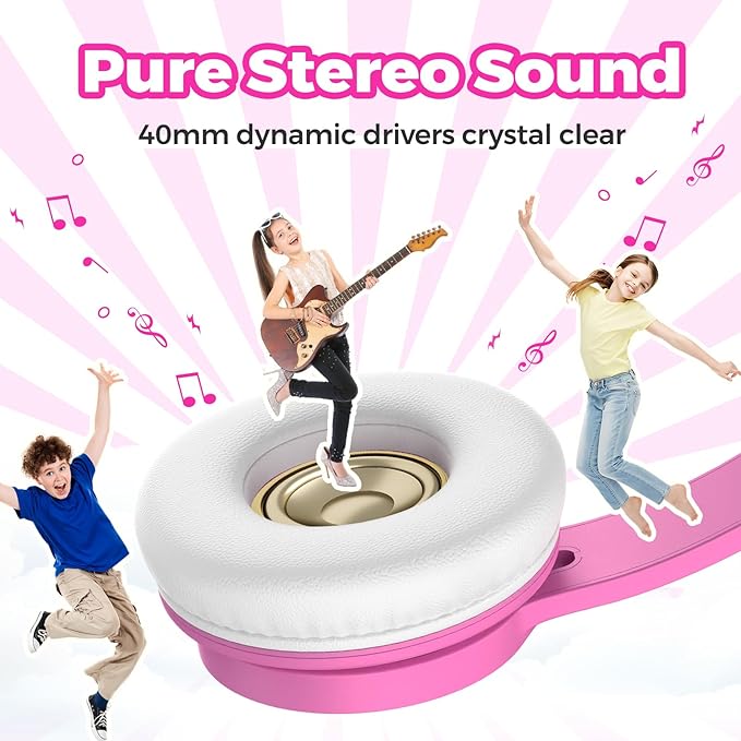 TuneFlux Upgraded Kids Headphones, Wired Toddler Headsets, 85dB Limited Volume On Ear Headphones, Portable Foldable Design, Stereo Sound Kids Headsets for School/Tablet/Travel-Pink