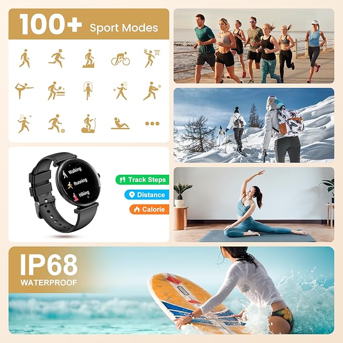 Smart Watch for Women with Android iPhone Compatible[Calls/Metal Thin Body],1.43" Micro-Spherical AMOLED Screen,Sports Watch with Sleep/Heart Rate Monitor,Pedometer for Steps Miles (Pure black)