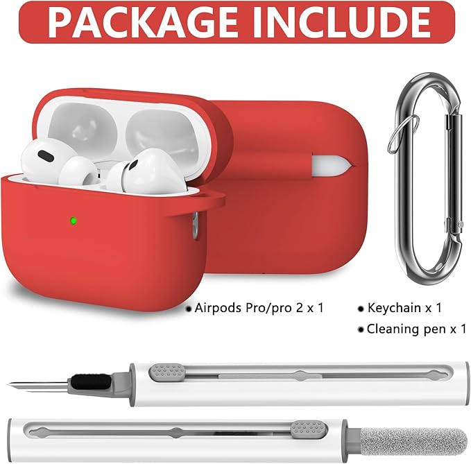 Ljusmicker for AirPods Pro Case Cover with Cleaner Kit,Soft Silicone Protective Case for Apple AirPods Pro 2nd/1st Generation Case for Women Men,AirPods Pro Case Accessories with Keychain-Red