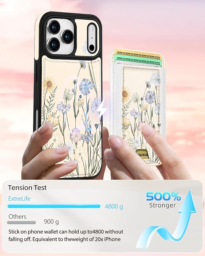 Shorogyt for iPhone 17 Pro Max Case Wallet - Fits 5 Cards, Compatible with Magsafe Magnetic Credit Card Holder Leather Cardholder Cute Phone Cover Women Girls for Apple 17 ProMax, Color Flower