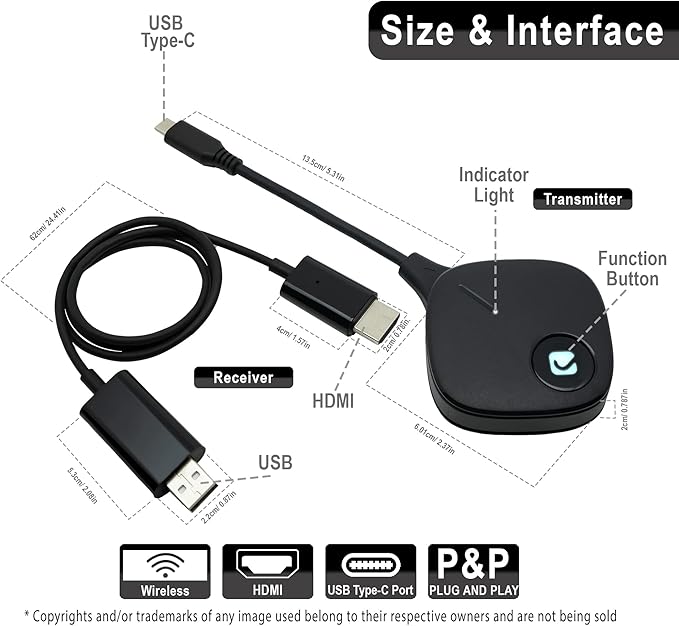 USB-C to HDMI Wireless Extender Kit, USB-C Transmitter HDMI Receiver 10M/30Ft. for Laptop, Phone | Supports Airplay, SmartView, Screen Mirror, Miracast by J-Tech Digital [JTECH-WDEX-10M]