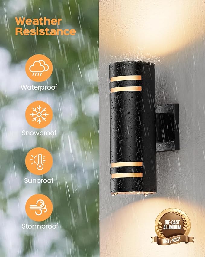 SHIMR Dusk to Dawn Outdoor Lighting 2 Pack, Modern Outdoor Wall Lights with LED Bulbs, Matte Black Exterior Lighting Fixtures Wall Mount, Up and Down Outside Lights for House Porch Garage [ETL Listed]
