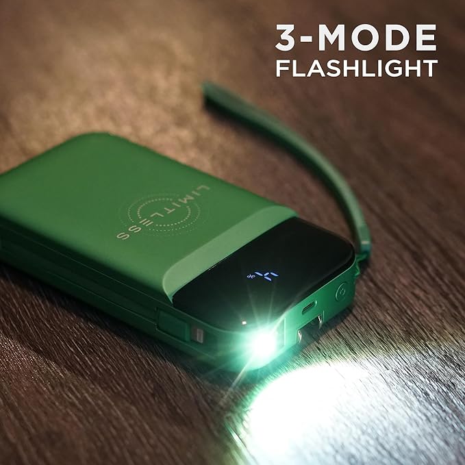 Limitless Innovations Ultimate Pro 15,000mAh Portable Power Bank PD 20W with Built-in Cables, Wireless Charging, Flashlight, Wall Plug, & Digital Display, for iPhone, Samsung, & More (Green Metallic)