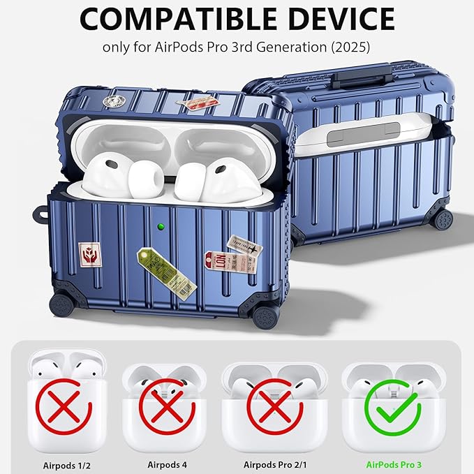 Filoto Compatible with Airpods Pro 3 Case 2025, Cute Fashion Suitcase Design for Airpods Pro 3rd Generation Case Cover, Shockproof Protective Hard Case with Keychain/Cleaner Kit Blue