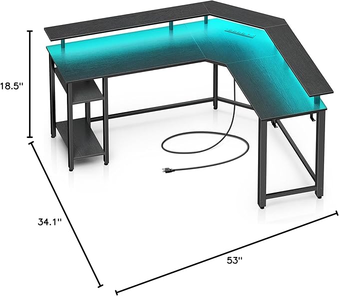 Rolanstar L Shaped Gaming Desk with LED Lights & Power Outlets, 46.2" Computer Desk with Full Monitor Stand & Storage Shelf, Corner Desk with Hooks, Black Desk Reversible