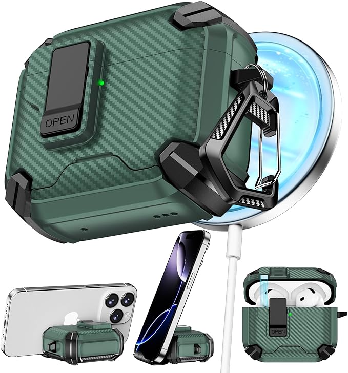 Compatible with AirPods 4 Case,Magnetic Automatic Lock with Phone Stand & Cleaning Kit,Compatible with Magsafe,Carbon Fiber Texture Cover -Green