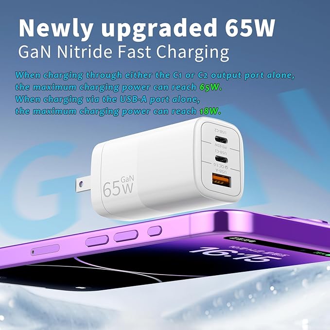 65W GaN Fast Charger, 3-Port USB C PD Power Adapter (2×USB-C + 1×USB-A) – Compact & Foldable for MacBook Pro/Air, iPhone 16, iPad, Galaxy S25, Dell XPS – Travel-Friendly & Overheating Protection