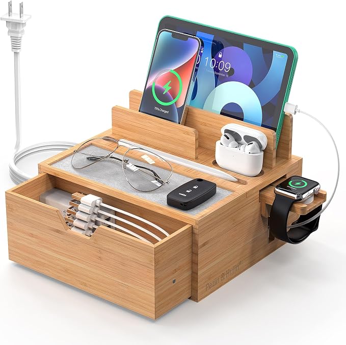 Pezin & Hulin Bamboo Charging Station with Power Charger & Cables-Black