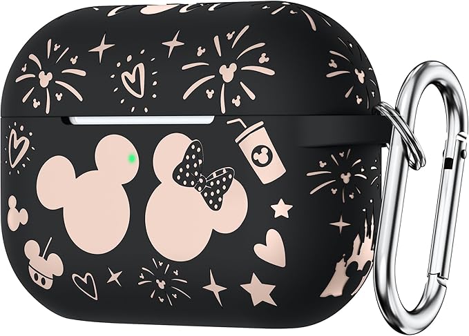 Compatible with Airpods Pro 2nd/1st Generation Case Cover with Keychain, Women Men Soft Silicone Two-Tone Cute Cartoon Engraved Convenience Protective Case, Front LED Visible Black/Pink