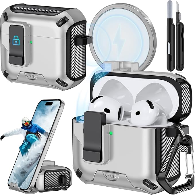 for AirPods 4 Case (2024) with Phone Stand,（with Automatic Snap Switch） Carbon Fiber Design Protection Cover with Cleaning Pen,Silver