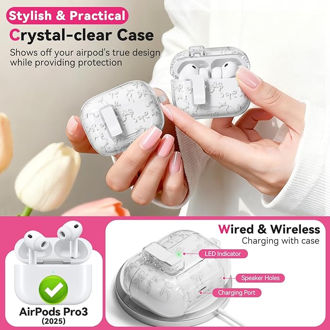 for AirPods Pro 3 Case with Secure Lock & Phone Stand, Bow-Print Clear Case for Apple AirPods Pro 3rd Generation 2025 Cover with Cleaner Keychain for Women Girly (White, Airpods Pro 3 (2025))