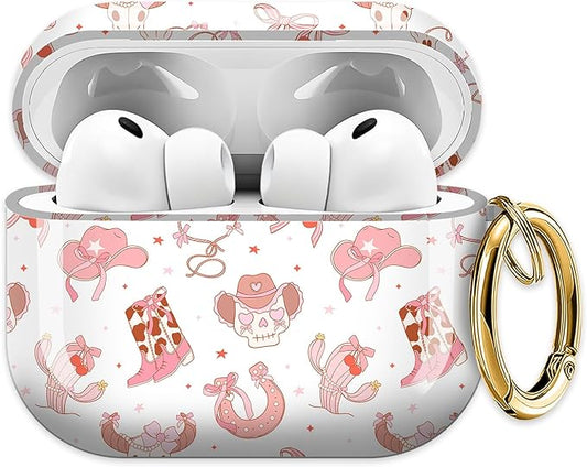 Cute Hard Case Compatible with AirPods Pro 3rd Generation Case (2025), Shockproof Protective Cover with Golden Keychain Ring Clip (Coquette Cowgirl)