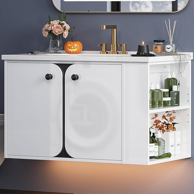 IRONCK 30 Inch Bathroom Vanity with Sink, Wall Mounted Floating Vanity with LED Light & Open Side Shelf, High Gloss Modern Bathroom Cabinet for Small Space, White