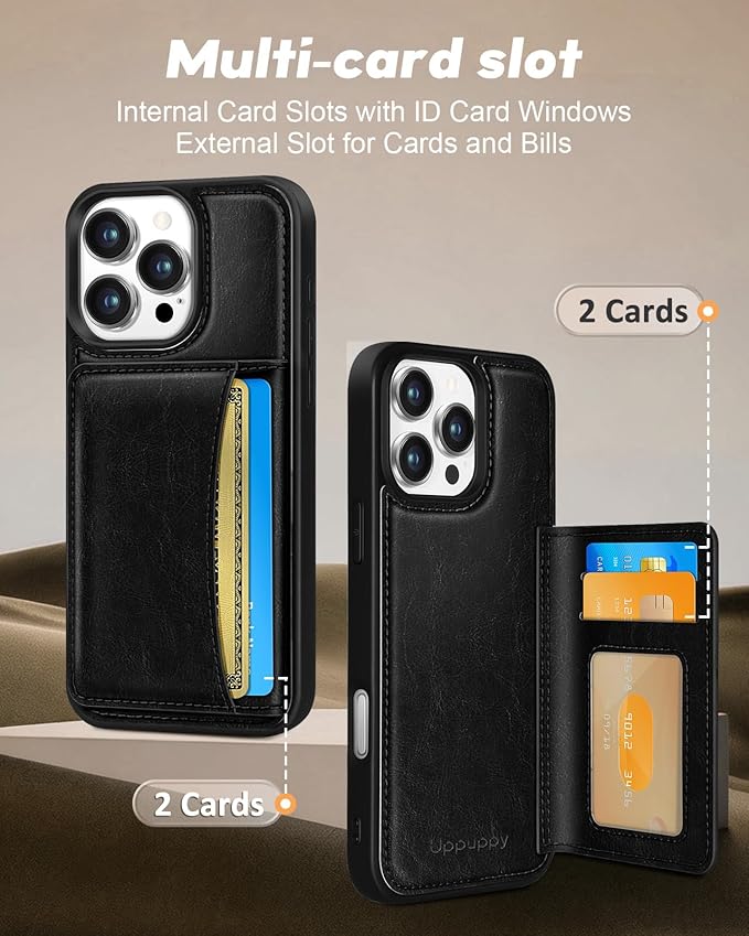 for iPhone 14 Pro Case with Wallet - Fits 4 Card Slots, Compatible with MagSafe for Women Men Men Durable PU Leather Credit Card Holder Kickstand Phone Cover for Apple 14 Pro, Black