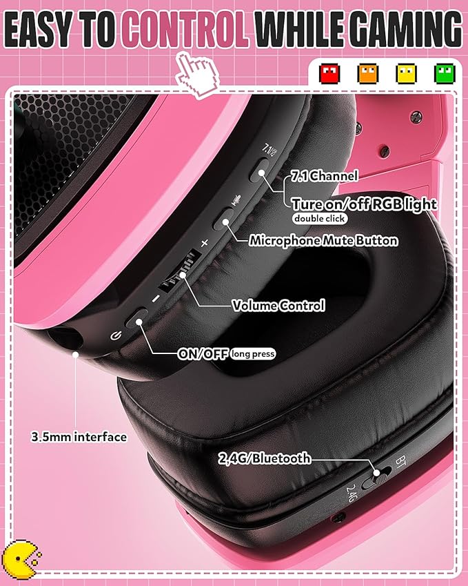 Tatybo Wireless Gaming Headset for PC, Ps5, Ps4, 2.4 Ghz USB & Type-C Gaming Headphones with Microphone, 30H Battery Bluetooth Headphones for Switch, Laptop, Mobile, Mac (Black Pink)