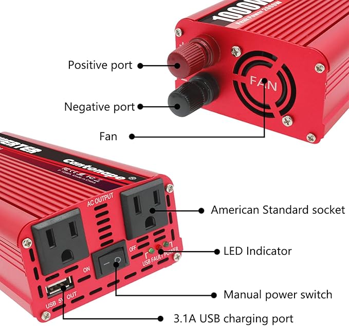 1000W Power Inverter DC 12V to 110V/120V AC Car Inverter with 3.1A USB Car Adapter and Cigarette Lighter for Vehicles Home Laptop Truck Trip