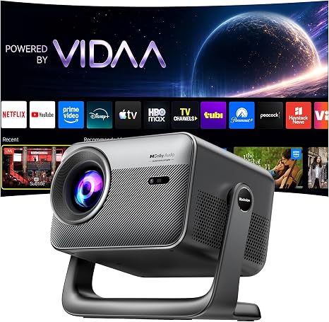 Smart Projector VIDAA OS 1000 ANSI, Outdoor Projectors 4K with WiFi and Bluetooth Compatible with Netflix TOF Auto Focus Keystone HDR10, Portable Movie Proyector for Ceiling Home Theater
