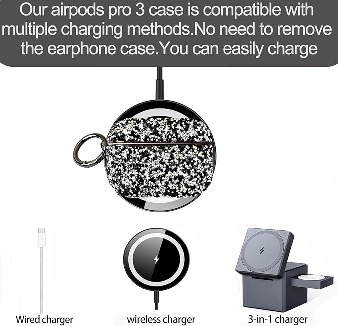 for Glitter AirPods Pro 3 Case 2025| Cute Bling Hard Air Pods Pro 3 Case (Model A2700/A2931) | with Keychain | Sparkly Rhinestone iPods Pro 3 Cases for Women Girl(Blackwhite)