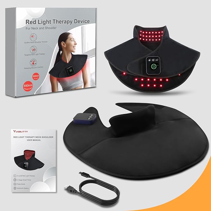 Cordless Infrared Red Light Therapy for Neck Shoulders Pain Relief, 5000mAh 850nm Near-Infra Device for Upper Back Body with Timer, 660nm Wearable Heating Pad for Women Men Elderly Relaxation