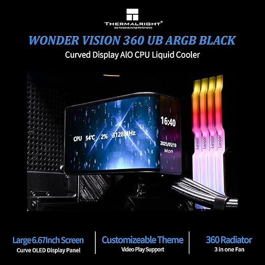 Thermalright Wonder Vision 360 UB ARGB Black CPU AIO Cooler,360mm Radiator, 2K 60HZ Curved Screen with 2400x1080 Resolution,for AM4/AM5,Intel LGA1851/1700,6.67in 3D Screen High Performance Pump