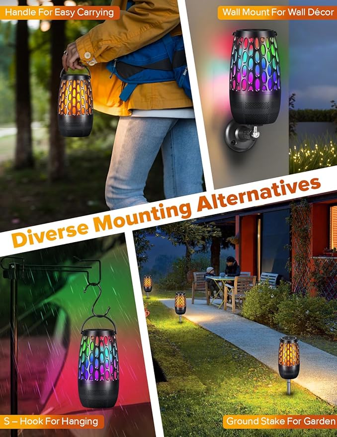 Outdoor Speakers with Flame & RGB Lights, 10W HD Stereo, Bluetooth 5.3 Auto-Pairing, Multi-Sync 100+ Speakers, IPX6 Waterproof, Perfect for Patio, Pool, Party | Gifts for Men & Women (2Pack)