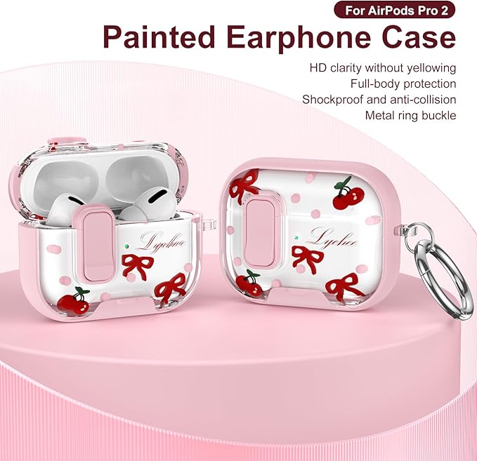 Trendy Case Compatible with AirPods Pro/Pro2,Shockproof Cover for Pro 2nd/1st Gen with 2-in-1 Phone Stand,Safety Lock Catch,Wireless Charging Keychain,Cute Bowknot Painted Gift for Girls Women