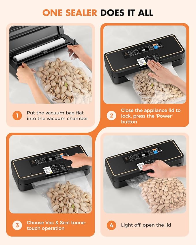 Vacuum Sealer for Food, 95kPa Food Vacuum Saver Sealer Machine, 135W 12L/min Fast-Sealing with Auto Tear-Cut,Digital Timer, Built-in Cutter, Bag Storage and One Bag Roll, 9-in-1 Compact Vacuum Sealer