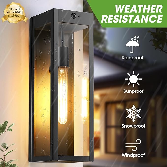 Large Motion Sensor Exterior Wall Lights Sconces 2Pack, 15.3" Waterproof Dusk to Dawn Black Exterior Lighting Fixtures Wall Mount, Modern Front Porch Sconce Coach Lights Outdoor for Garage House