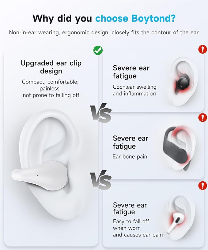 Ultra Open Ear Earbuds - Ergonomic Clip-On Earbuds, Bone Conduction Over-The-Ear Headphones with Waterproof Design and Secure Fit for Small Ears, Ivory White