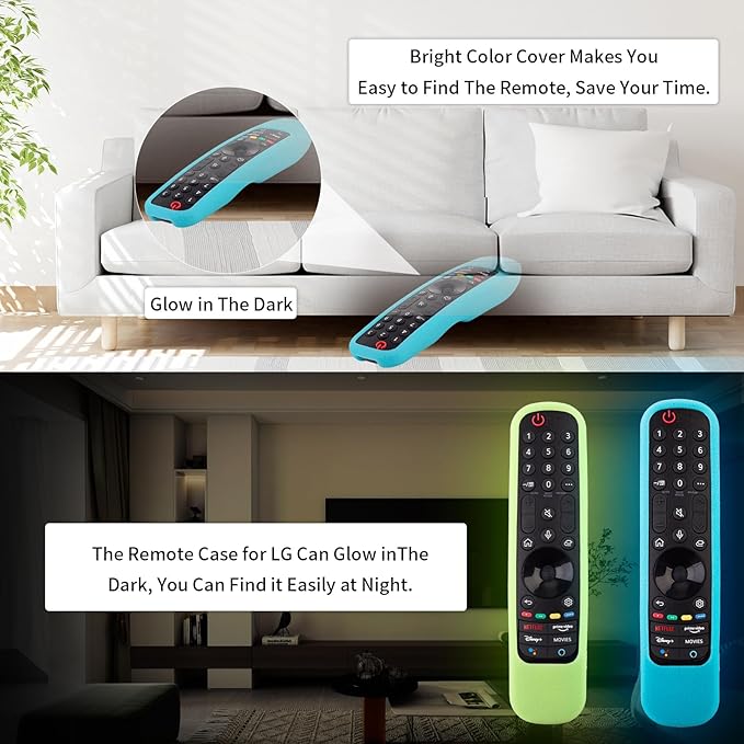2 Pack LG Magic Remote Cover - Silicone Protective Case for LG Smart TV Remote Controller MR21/22/23 - Shockproof, Anti-Slip, Anti-Lost Loop, Glow in The Dark (Glow Green + Glow Blue)
