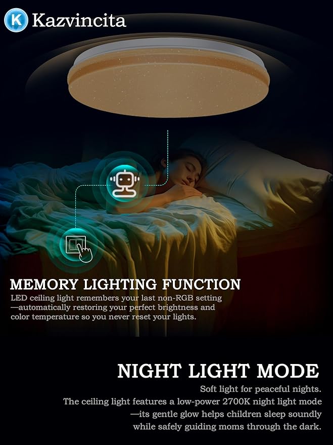 BT-Version LED Ceiling Light with Speaker 40W 12Inch Music Ceiling Lamp with Remote Control Adjustable Brightness & Color Temperature RGB Ambient Lighting for Kids Room Bedroom and More
