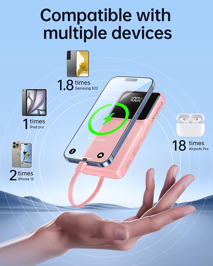 Portable Charger with Built in Cable - Power Bank Fast Charging USB C LED Display 10000mah Battery Pack 5 Outputs & 3 Inputs for Travel Essentials iPhone Samsung Android Phones Tablets Pink